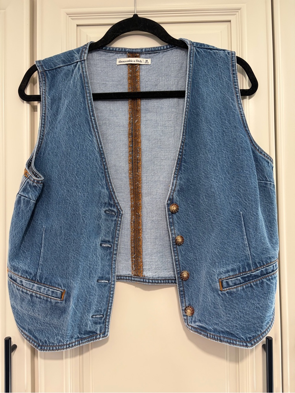 Abercrombie & Fitch Light Blue Denim Vest with Brown Trim